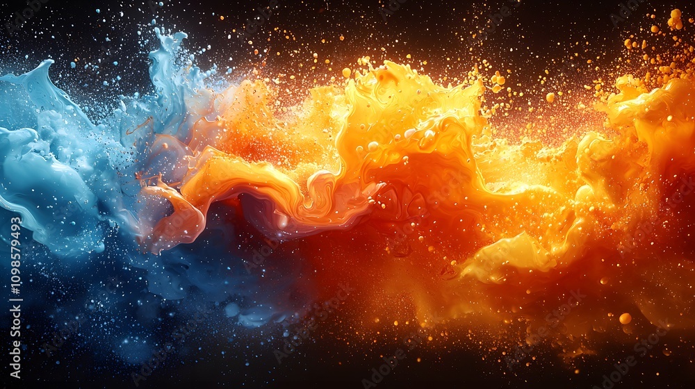 Poster Vibrant Abstract Liquid Splash in Blue and Orange Colors Capturing Dynamic Movement with Vivid Swirls and Energy in a High-Contrast Background
