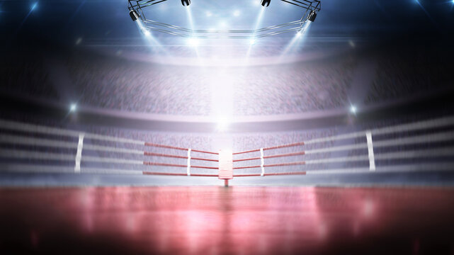 Red 3D boxer arena with viewers. Dynamic sports background. Red empty boxing ring under lights. Full tribune. Wide angle. Accent in the center of the background
