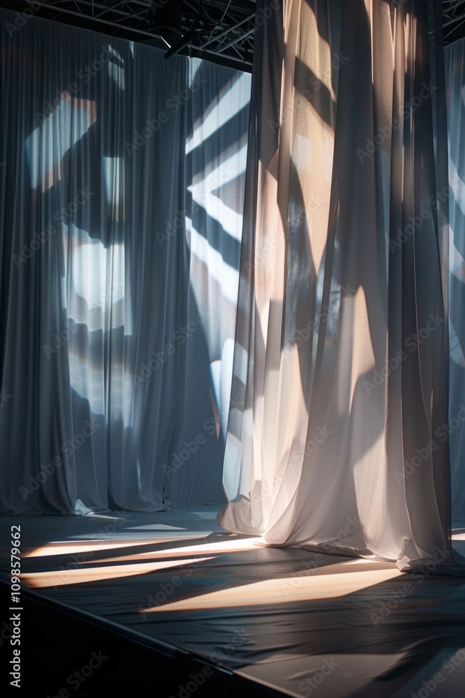 Poster Abstract light and shadow patterns on draped curtains in a modern interior, creating a serene and artistic atmosphere.