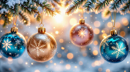 Beautiful Christmas ornaments with snowflake designs hanging from a snow-covered pine branch, glowing in warm holiday lights.