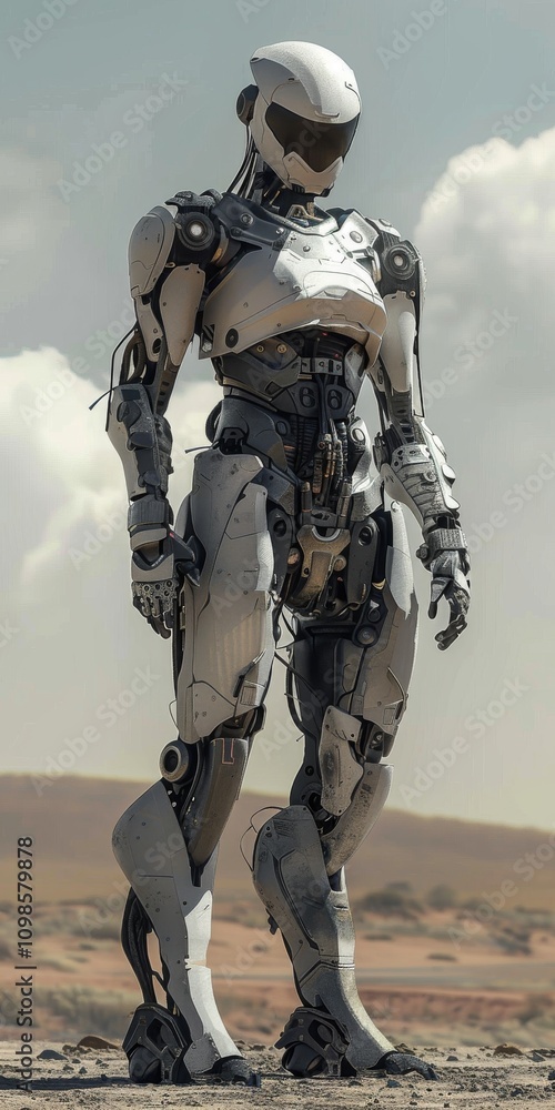 Poster a robot is standing in a desert. the robot is white and has a black helmet. the robot is wearing a b
