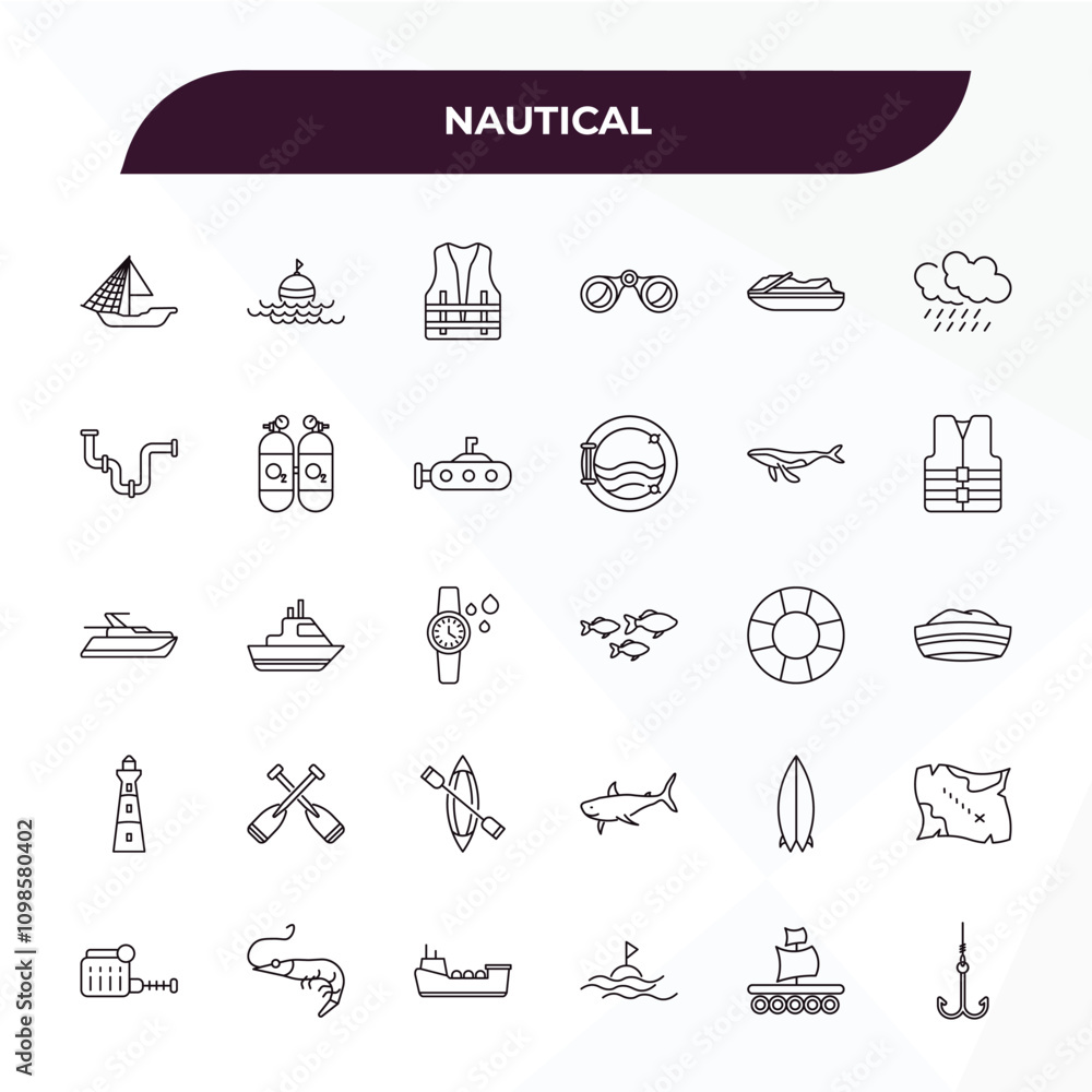 Poster fully editable outline icon collection from nautical concept. thin line icons set such as big shell,