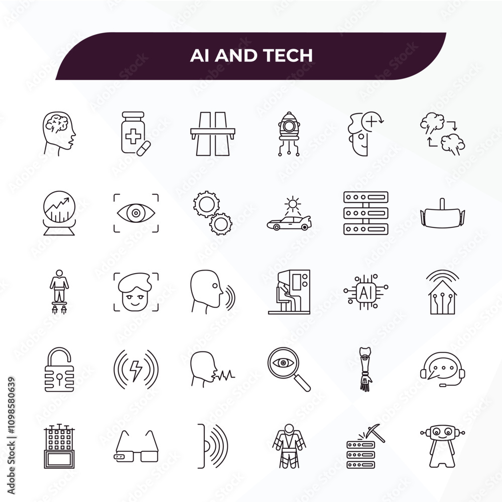 Poster fully editable outline icon collection from ai and tech concept. thin line icons set such as brain, 