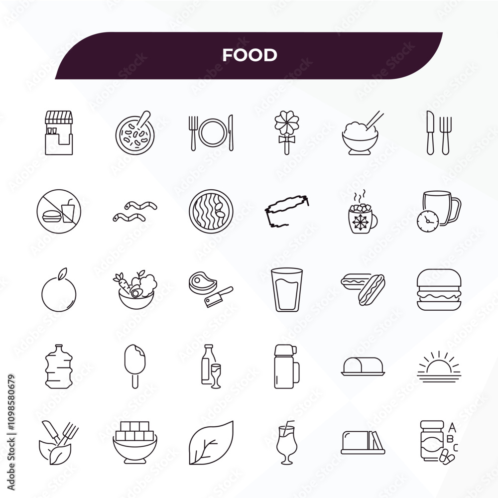 Poster fully editable outline icon collection from food concept. thin line icons set such as snack booth, r