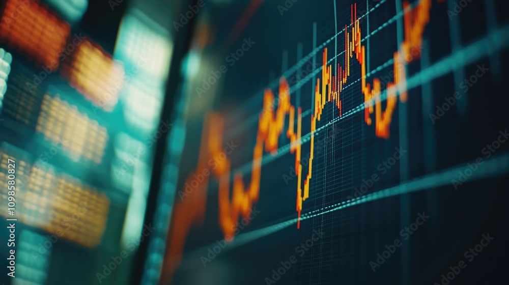 Poster a close-up view of a stock market display showing various financial data and charts