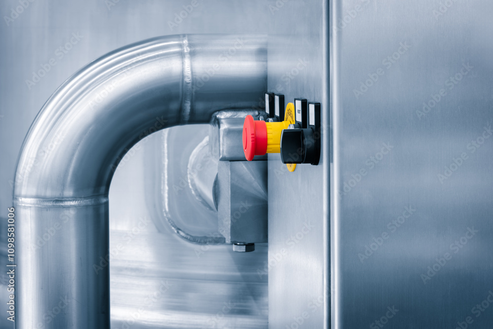 Poster Dairy machine cooling radiator with a row of stainless steel metal pipes with silver trim. The pipes are connected to each other and appear to be part of a larger system