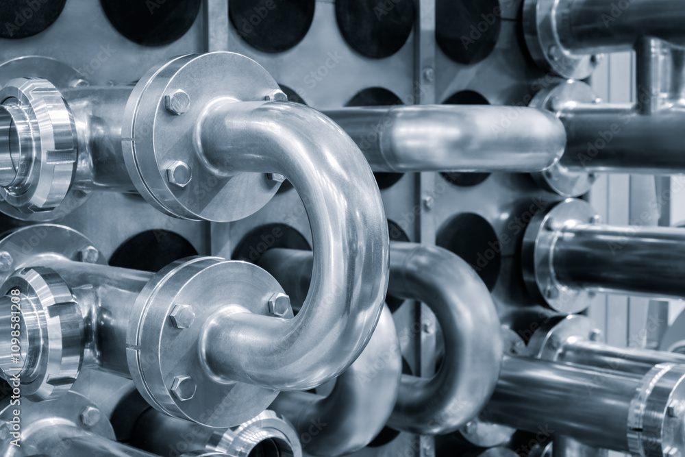 Poster dairy machine cooling radiator with a row of stainless steel metal pipes with silver trim. the pipes