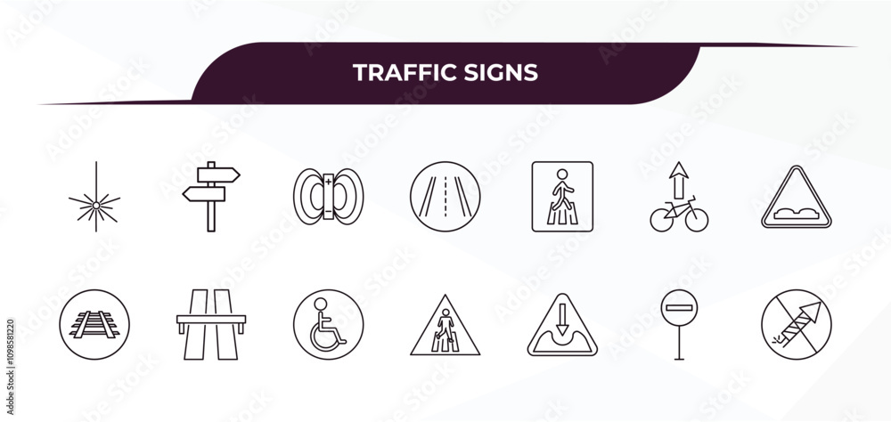 Poster fully editable outline icon collection from traffic signs concept. thin line icons set such as laser