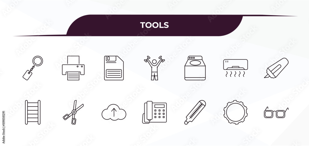 Poster fully editable outline icon collection from tools concept. thin line icons set such as key ring, pri