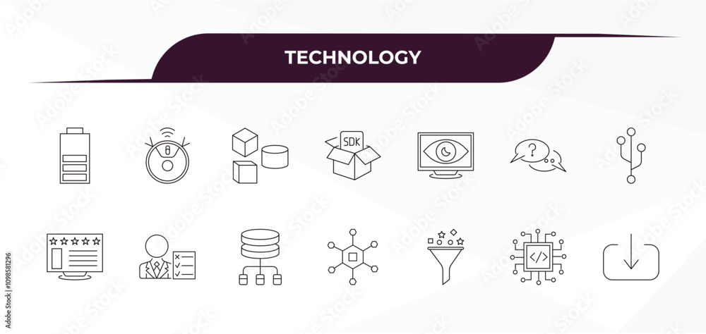 Aufkleber fully editable outline icon collection from technology concept. thin line icons set such as battery 