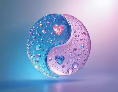 yin yang symbol made of glass with water droplets and hearts on a colorful gradient background