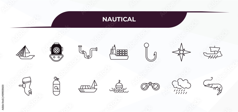 Poster fully editable outline icon collection from nautical concept. thin line icons set such as big shell,