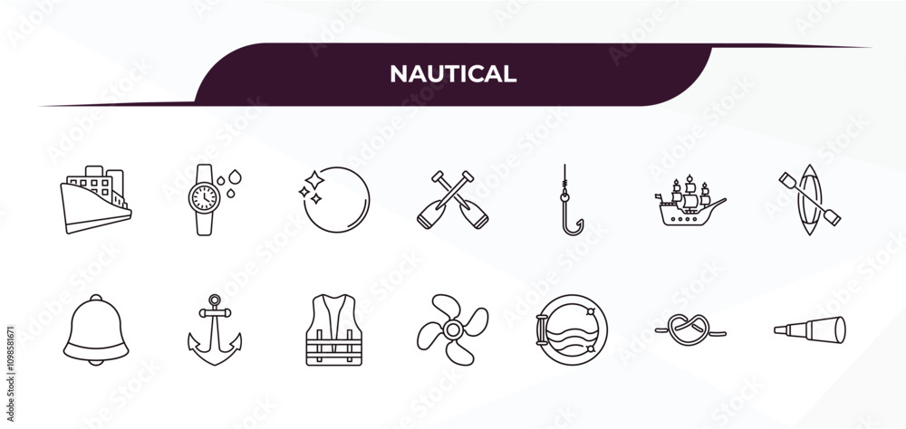 Poster fully editable outline icon collection from nautical concept. thin line icons set such as cruise shi