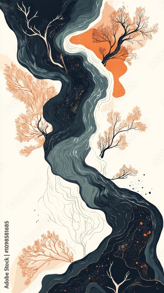 Poster abstract artwork featuring a flowing river with tree patterns in earthy tones, showcasing fluid desi