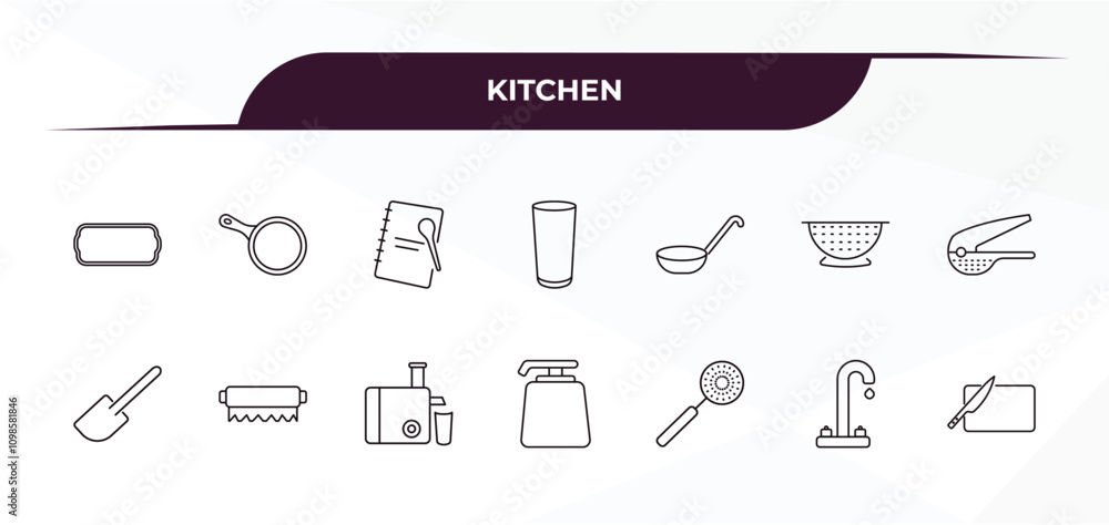 Poster fully editable outline icon collection from kitchen concept. thin line icons set such as tray, skill