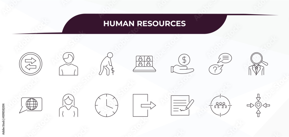 Poster fully editable outline icon collection from human resources concept. thin line icons set such as com