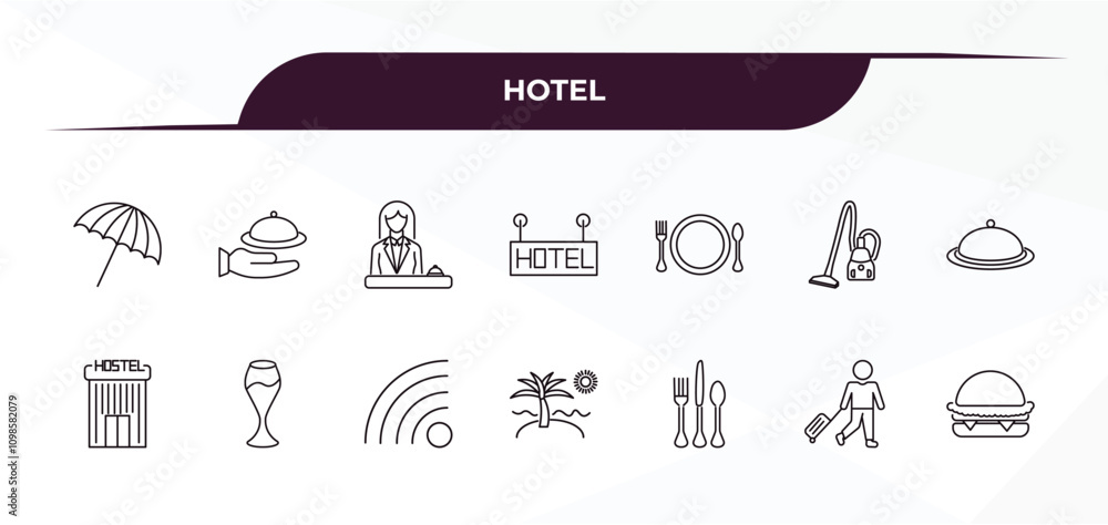 Poster fully editable outline icon collection from hotel concept. thin line icons set such as beach umbrell