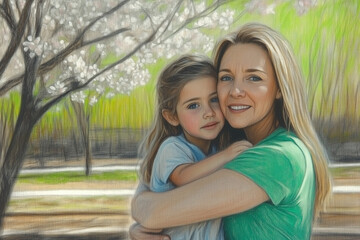 Naklejka premium Mother and daughter embracing happily in a blooming garden filled with soft colors