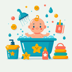 Naklejka premium Cheerful baby enjoying a bubble bath in a colorful tub with toys and bath products around