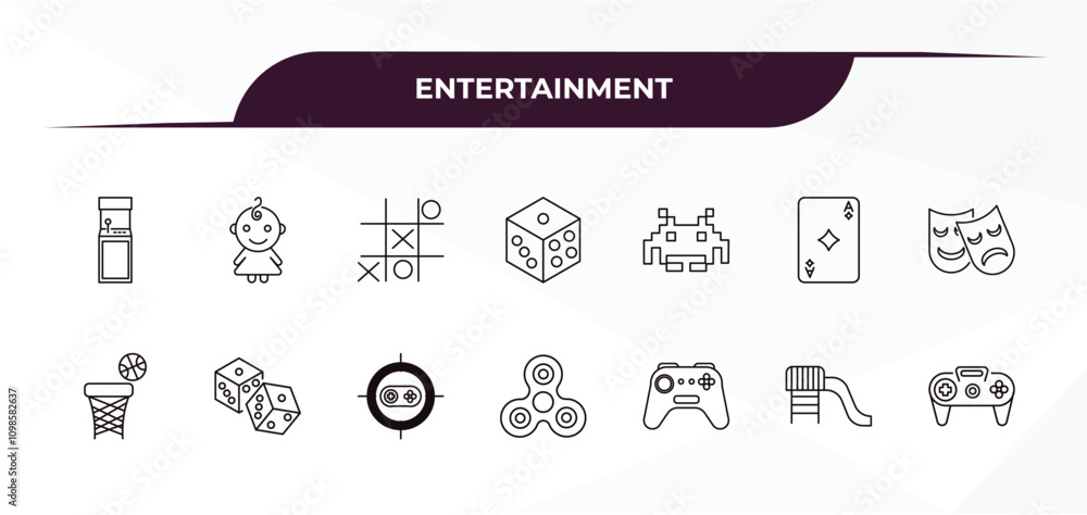 Poster fully editable outline icon collection from entertainment concept. thin line icons set such as arcad