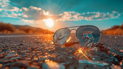 Broken sunglasses on a road with the sunset in the background.