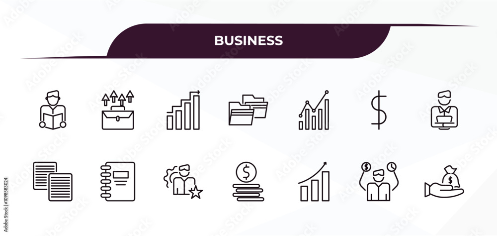 Poster fully editable outline icon collection from business concept. thin line icons set such as reader, bu