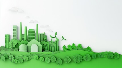 A pure white background with a green eco-friendly industrial facility, symbolizing sustainable manufacturing practices and environmental stewardship, Simplified flat paper art illustration of