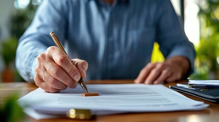 A focused individual in a striped shirt attentively signing documents at a well-lit desk, signifying precision and professionalism in a business environment.