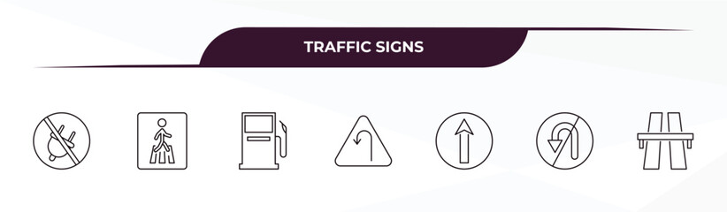 fully editable outline icon collection from traffic signs concept. thin line icons set such as no plug, pedestrian, gas station, no turn, motorway,