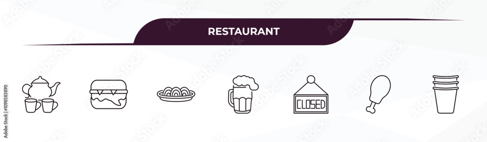 Poster fully editable outline icon collection from restaurant concept. thin line icons set such as tea, com