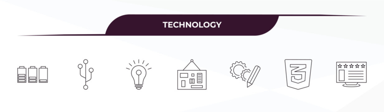fully editable outline icon collection from technology concept. thin line icons set such as battery levels, version control, light bulb idea, css3, internet value,