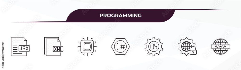 Poster fully editable outline icon collection from programming concept. thin line icons set such as jsx, xm