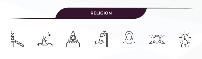 fully editable outline icon collection from religion concept. thin line icons set such as islamic minbar, islamic pray, great buddha, goddess, subah prayer,