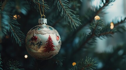 A Christmas ornament hangs from a decorated tree