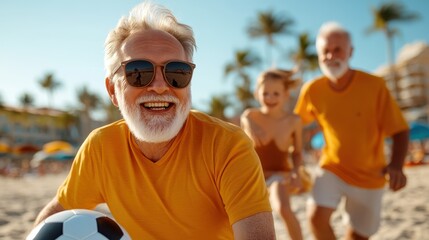 Fototapeta premium A joyful scene of older adults playing soccer on a sandy beach, wearing sunglasses and bright attire, with palm trees in the background under a clear blue sky.