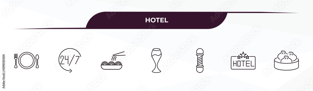 Poster fully editable outline icon collection from hotel concept. thin line icons set such as meal, 24 serv