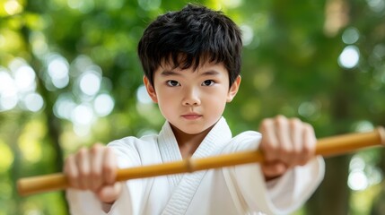 A determined young boy holds a wooden staff in a martial arts pose, showing concentration and strength amidst a green natural setting that embodies focus and energy.