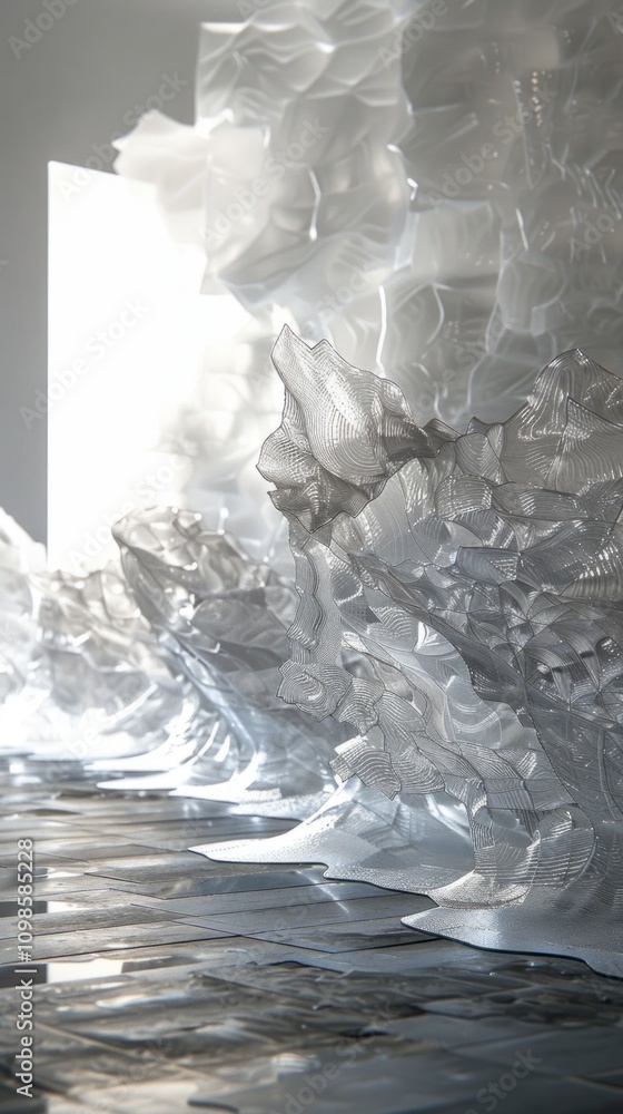 Poster abstract art installation featuring translucent sculptures with intricate textures and light reflect