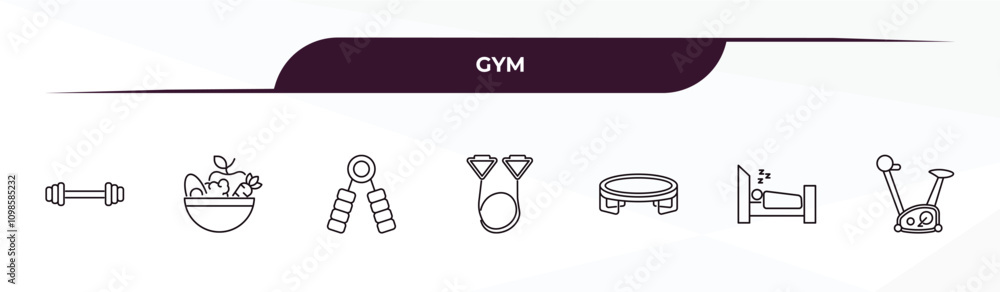 Poster fully editable outline icon collection from gym concept. thin line icons set such as dumbbells bar, 