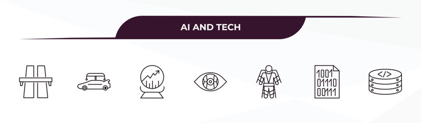 fully editable outline icon collection from ai and tech concept. thin line icons set such as motorway, high speed tube, prediction, binary, database,