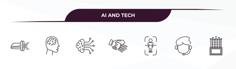 fully editable outline icon collection from ai and tech concept. thin line icons set such as hyperloop, brain, ai brain, personal assistant, difference engine,