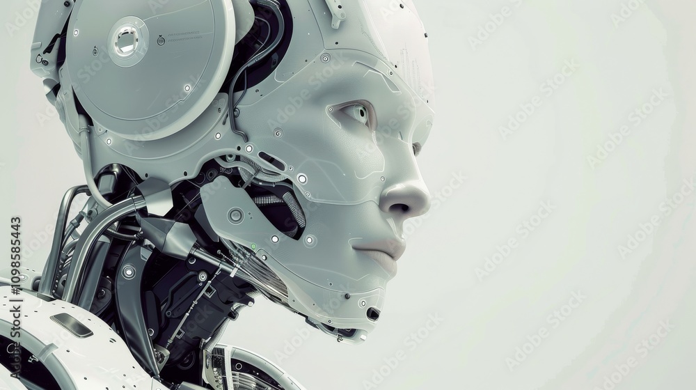 Poster close-up of a futuristic humanoid robot showcasing detailed mechanical features against a simple bac