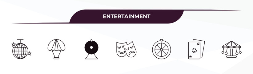 fully editable outline icon collection from entertainment concept. thin line icons set such as disco, paraplane, lottery game, card game, carousel,
