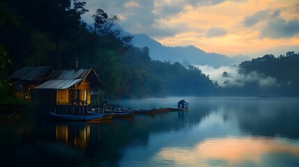 Fototapeta premium Serene sunrise over lake with houses and boats.