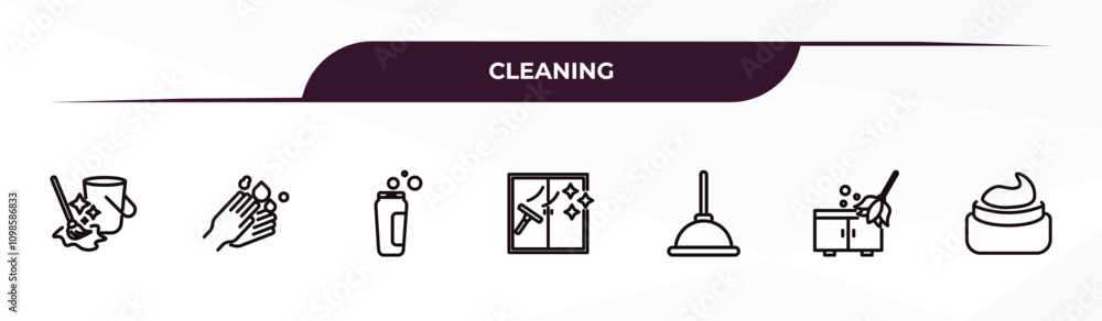 Poster fully editable outline icon collection from cleaning concept. thin line icons set such as mop, hand 