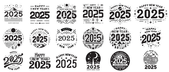 Obraz premium Happy New Year 2025 with Moon and Forest Silhouette