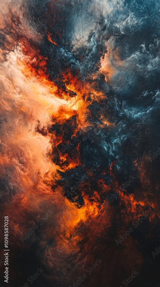 Poster a stunning abstract cloudscape featuring fiery colors and dramatic swirls, creating a dynamic and vi