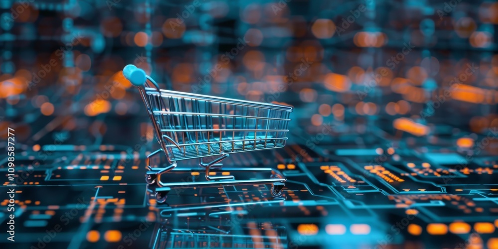 Poster a shopping cart is on a computer screen. the cart is silver and has a blue handle. the cart is on a 