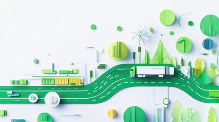 A pure white background with a green eco-friendly transport hub, symbolizing sustainable logistics and transportation networks, Simplified flat paper art illustration of