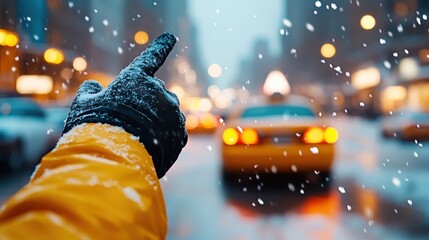 A focused shot of a gloved hand extending to hail a yellow taxi in a snowy urban scene, with...